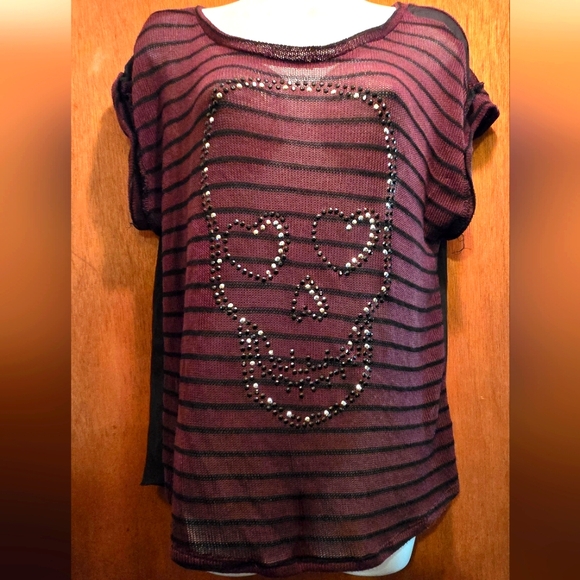 BONGO Tops - BONGO Black & Burgundy Striped Sheer Short Sleeve Skull Tee SzXL